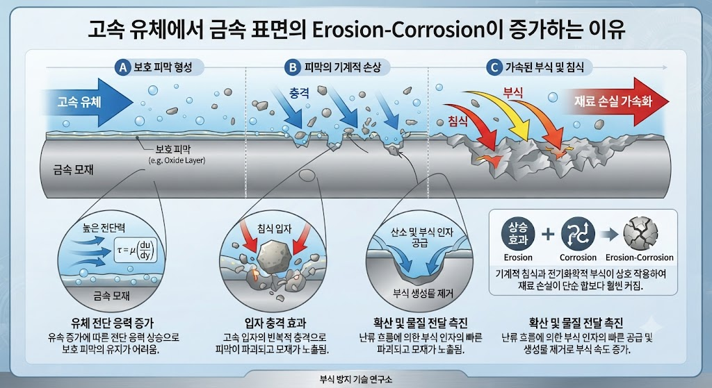 고속 유체에서 금속 표면의 Erosion-Corrosion이 증가하는 이유 1 고속 유체에서 금속표면의 Erosion-Corrosion이 증가하는 이유