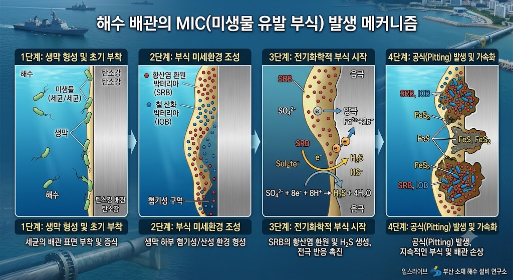 1.해수 배관의 MIC(미생물 유발 부식) 발생 메커니즘 1 해수 배관의 미생물 유발뷰실 발생 메커니즘