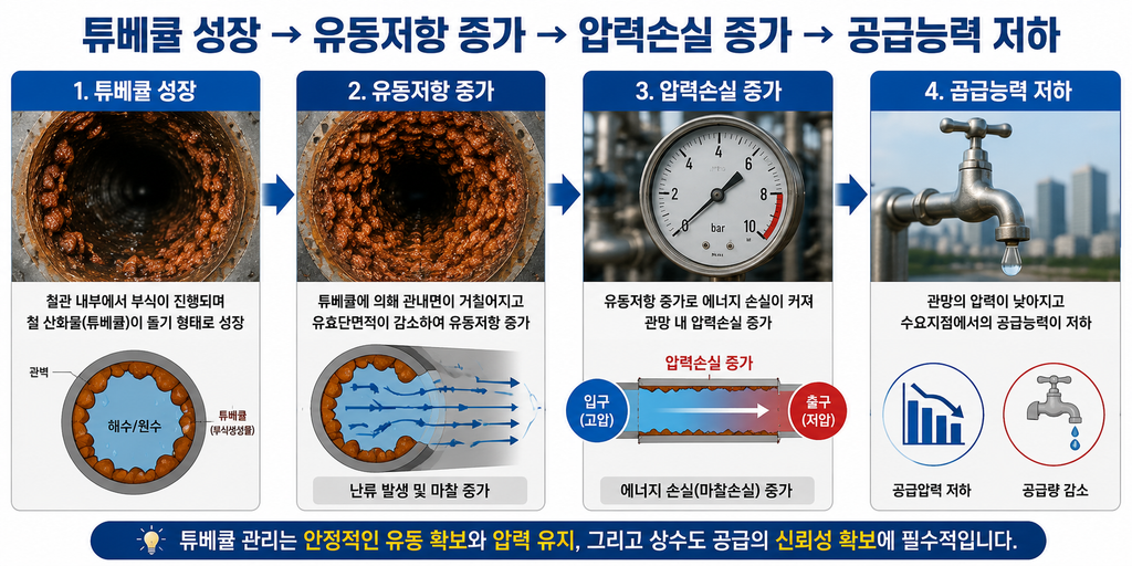 상수도 노후 관망에서 발견되는 붉은 수돗물 원인: 철관 내부 튜베큘레이션(Tuberculation)과 방청 제어