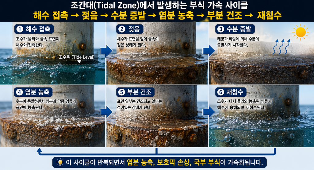해양 플랜트 조간대(Tidal Zone) 구역의 웻-드라이 사이클이 유발하는 국부 부식 가속화 현상 분석 1 해양 플랜트 조간대(Tidal Zone)