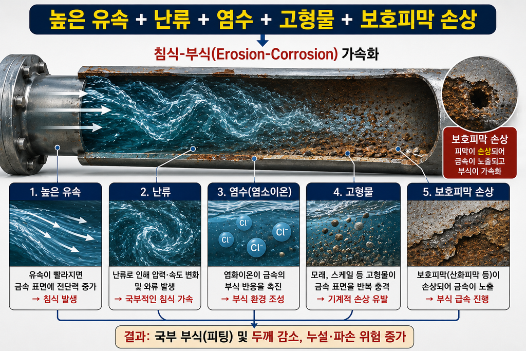 높은 유속 + 난류 + 염수 + 고형물 + 보호피막 손상