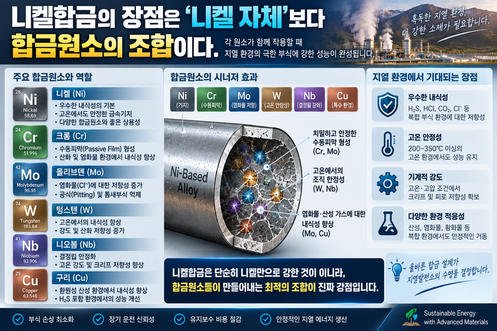 지열 발전소 고온·고압 부식성 가스(H₂S, HCl) 환경에 대응하는 니켈 기반 합금 선정 기준 2 니켈합금의 장점은 합금원소의 조합이다.