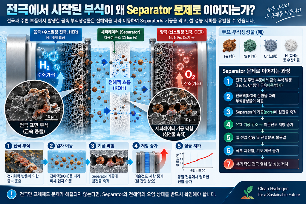 수전해 그린 수소 생산 플랜트 전극 및 세퍼레이터(Separator)의 강알칼리 부식 트러블슈팅 2 전국에서 시작된 부식