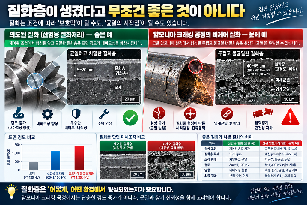 암모니아 크래킹(Cracking) 공정 내 고온 질화 및 부식 현상과 실무 엔지니어링 대책 2 질화층이 생겼다고 무조건 좋은것은 아니다.