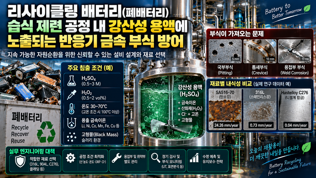 1.리사이클링 배터리(폐배터리) 습식 제련 공정 내 강산성 용액에 노출되는 반응기 금속 부식 방어 1 리사이클링 베터리