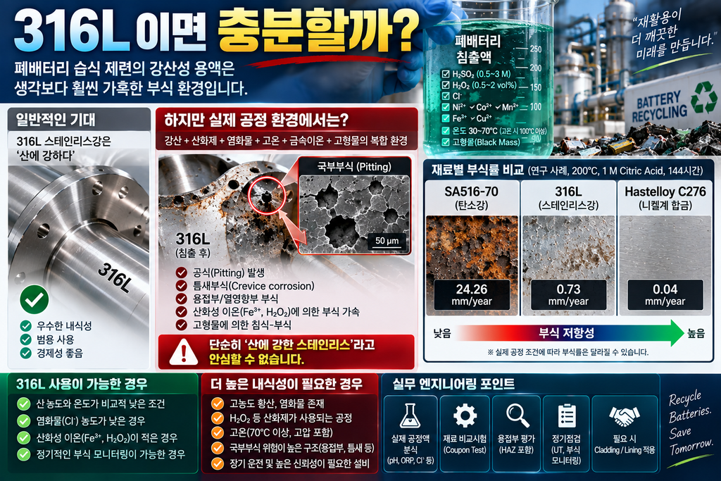 1.리사이클링 배터리(폐배터리) 습식 제련 공정 내 강산성 용액에 노출되는 반응기 금속 부식 방어 2 316L 이면 충분하나