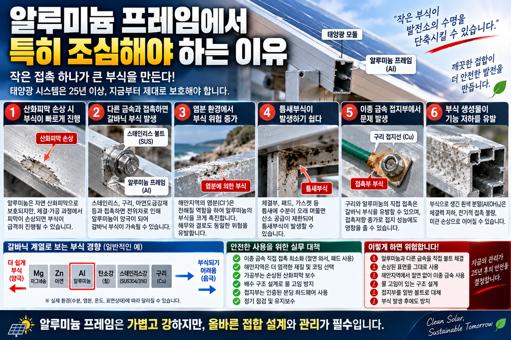 1.태양광 발전소 구조물(랙 시스템)의 갈바닉 부식(종속 부식) 방지를 위한 이종 금속 접합 가이드 2 알루미늄 프레임에서 조심이유