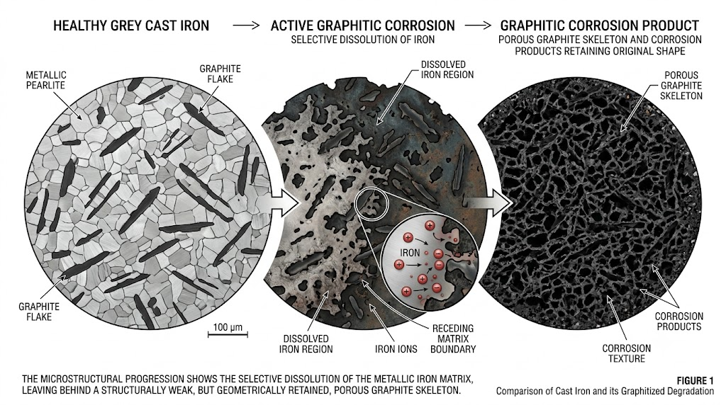 주철 Graphitic Corrosion 철 기지 선택적 용출 메커니즘