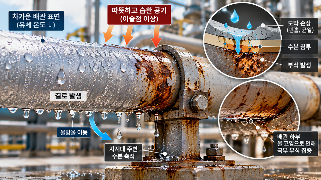 1. 배관 바깥에 물방울이 맺혔을 뿐인데: 결로가 만든 국부부식의 원인 2 배관 결로 부식 원인인 물방울과 지지대 주변 수분 축적