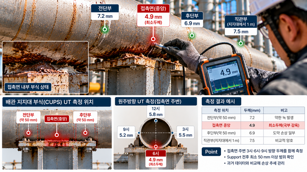 배관은 멀쩡한데 지지대 아래만 깊게 녹슬었다: Pipe Support 부식을 놓치는 이유 2 지대 부식 진단을 위한 Pipe Support 주변 UT Mapping