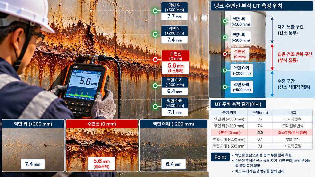 1. 탱크 벽면에 녹슨 띠가 생겼다: 수면선 부식이 액면 근처에 집중된 이유 2 탱크 수면선 부식 진단을 위한 액면 주변 UT Mapping
