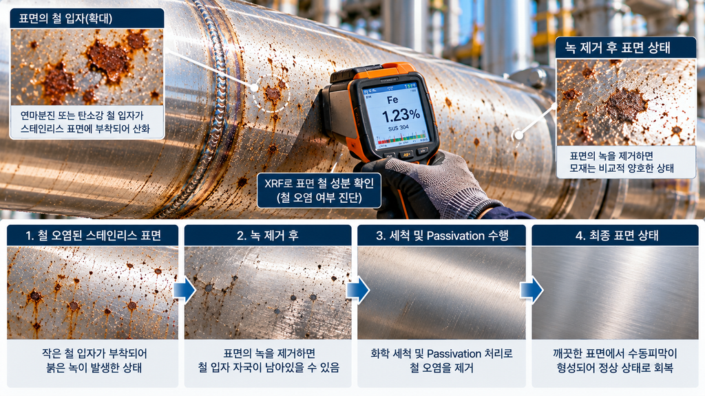 스테인리스강 철 오염 확인과 세척 전후 표면 비교