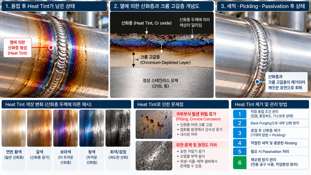 스테인리스강 Heat Tint 제거 전후 용접부 표면 비교