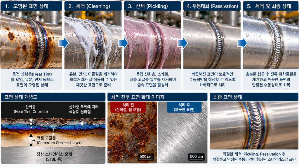 스테인리스강 Passivation 전후 표면처리 과정과 상태 비교