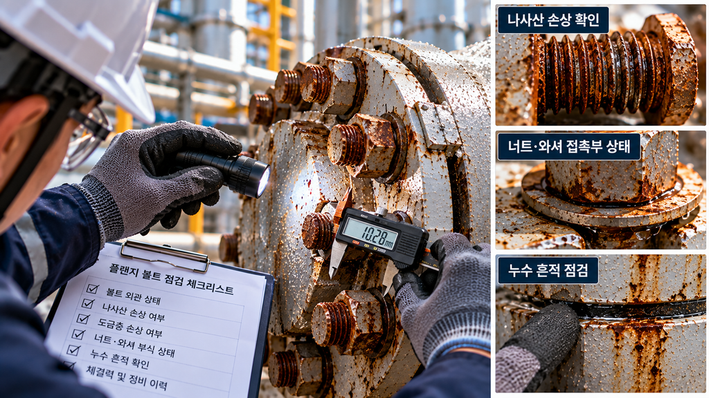 1. 배관 바깥에 물방울이 맺혔을 뿐인데: 결로가 만든 국부부식의 원인 3 랜지 볼트 부식 점검을 위한 나사산과 체결부 검사
