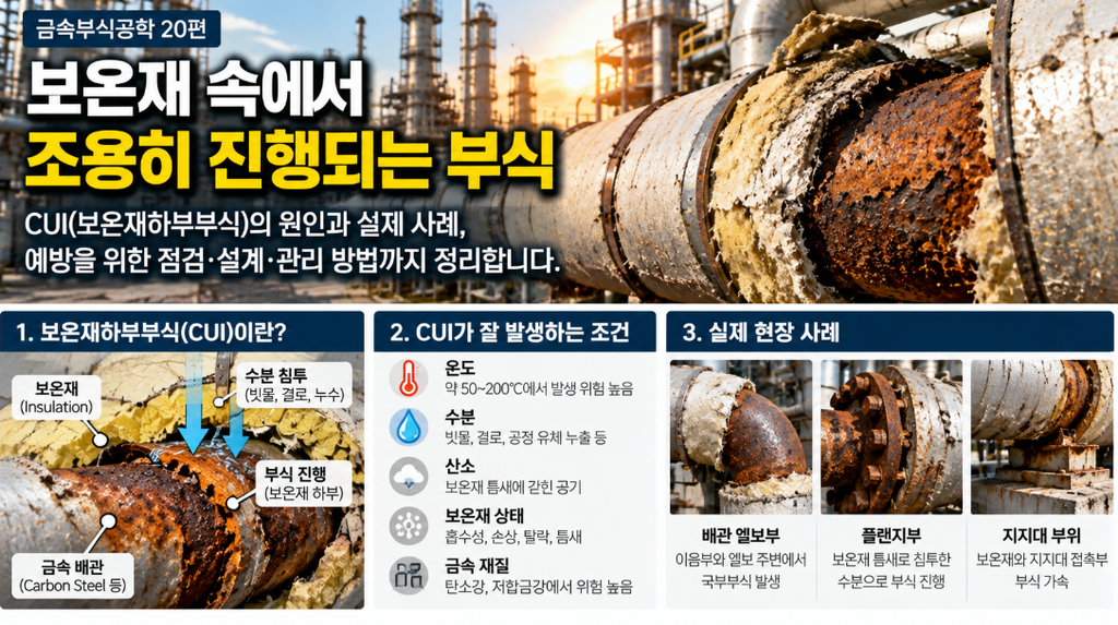 “배관 두께가 오히려 두꺼워졌다고?” 초음파 두께 측정 오차와 부식 판정의 함정 1 산업용 탄소강 배관의 부식 상태를 확인하기 위해 초음파 두께 측정기로 잔존 두께를 검사하는 모습