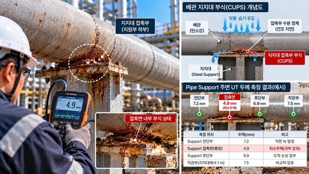배관은 멀쩡한데 지지대 아래만 깊게 녹슬었다: Pipe Support 부식을 놓치는 이유 1 배관 지지대 부식이 발생한 탄소강 배관과 Pipe Support 접촉부
